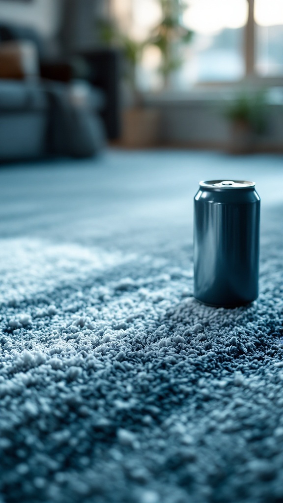 A can of soda placed on a soft carpet next to a partially opened book.