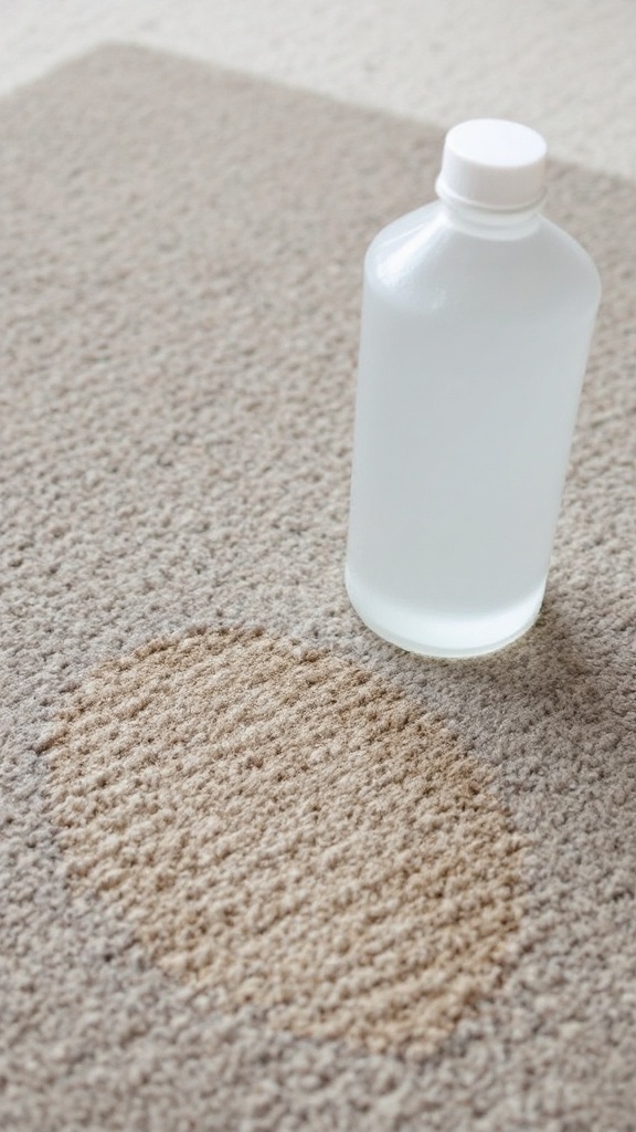 A bottle of hydrogen peroxide on a carpet with a stain