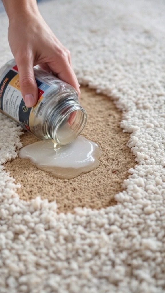 A person pouring coconut oil onto a water-damaged carpet.