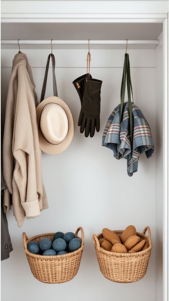 Organized closet with suspended baskets holding items like gloves and hats.