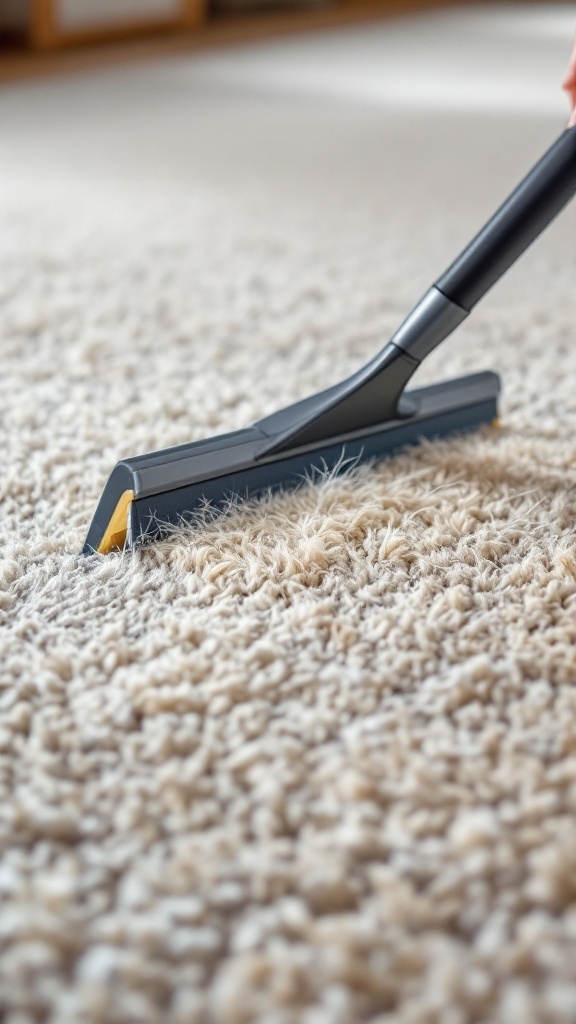 A squeegee being used on a carpet to remove pet hair.