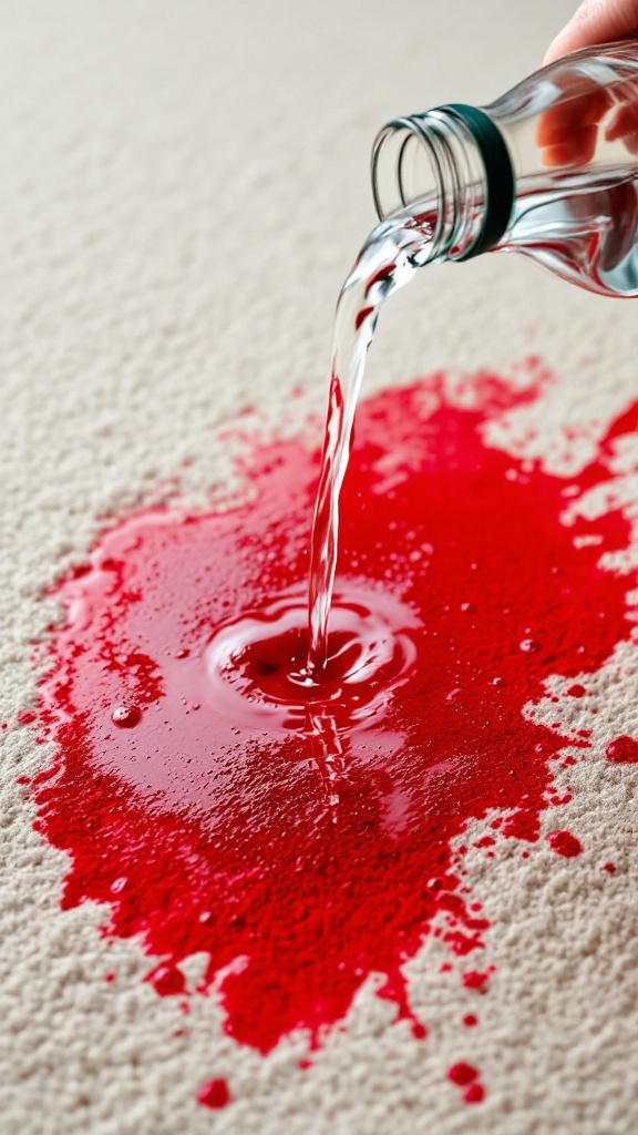 A glass of red wine spilling onto a light-colored carpet.