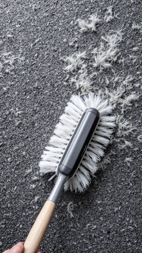 A carpet brush lifting fibers from a grey carpet.