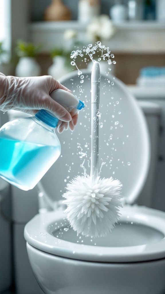 A hand holding a toilet brush as it splashes in the toilet water.