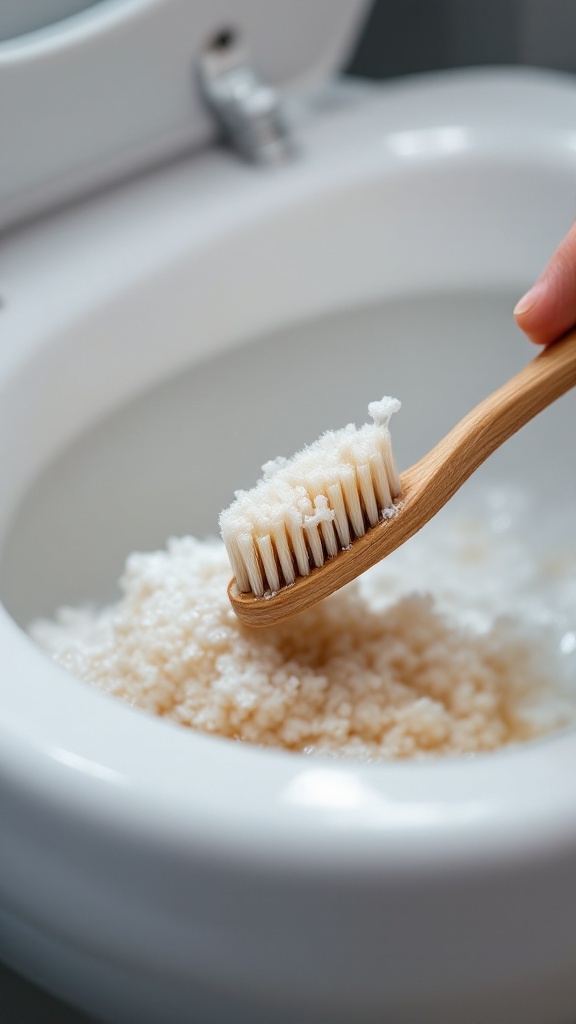 Old toothbrush being used to scrub a toilet with cleaning substance