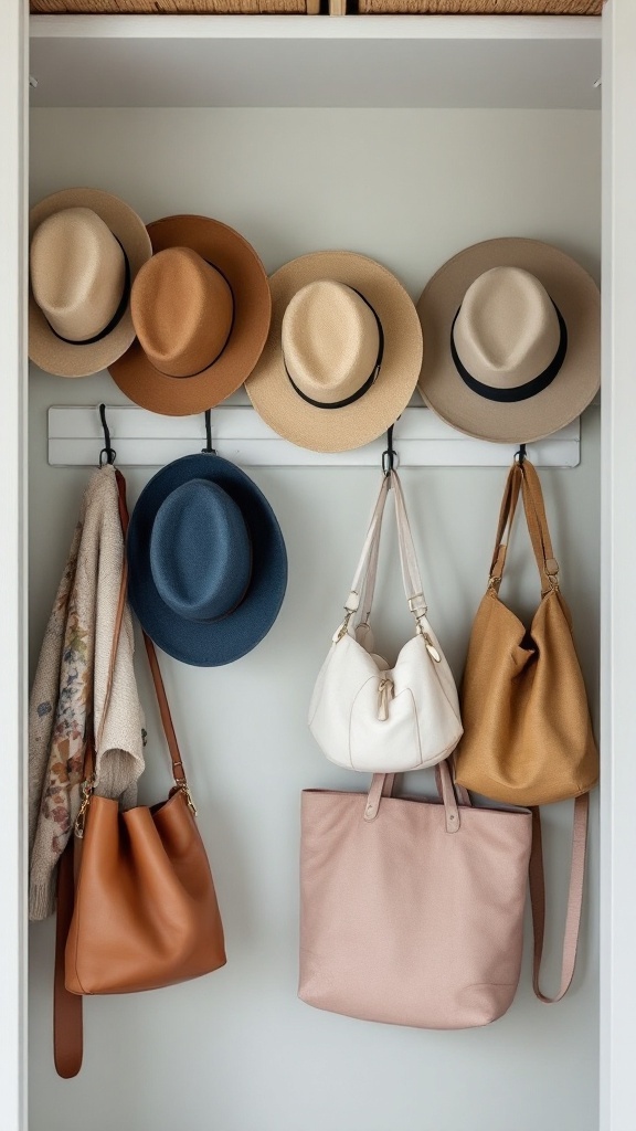 A neat closet with several hats and bags hanging on hooks.