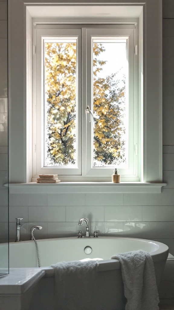 A bright bathroom with a window showcasing the view of autumn trees outside.