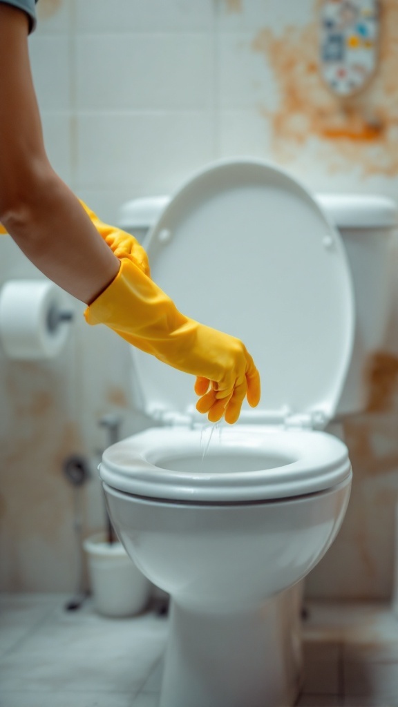 A person wearing yellow rubber gloves is cleaning a toilet.