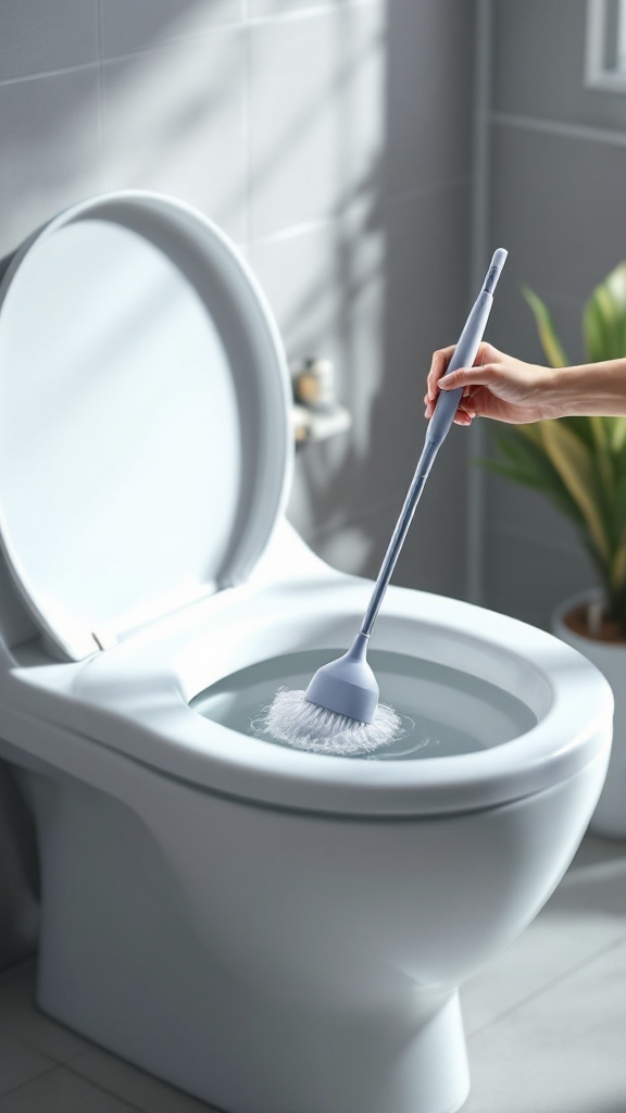 A person using a toilet cleaning wand in a bathroom