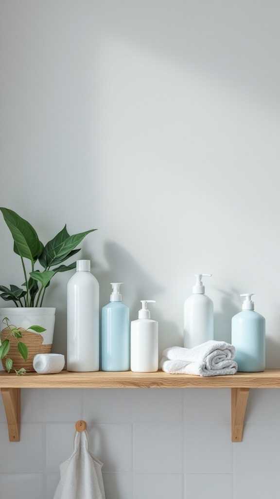 A clean bathroom shelf with white and light blue bottles and a plant.