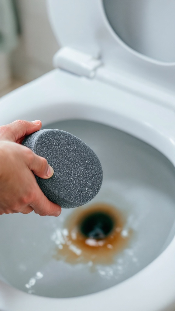 A hand holding a pumice stone over a toilet bowl with bubbles.