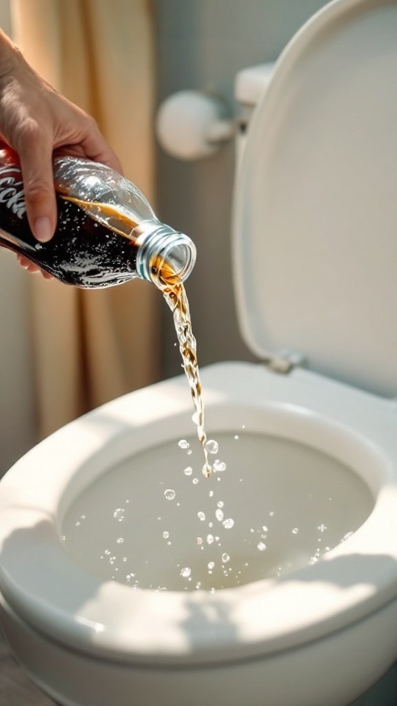 A hand pouring Coca-Cola into a toilet bowl