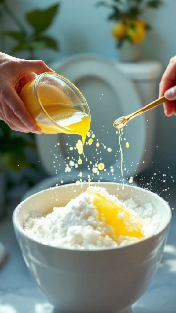 A person pouring lemon juice into a bowl of baking soda for cleaning.