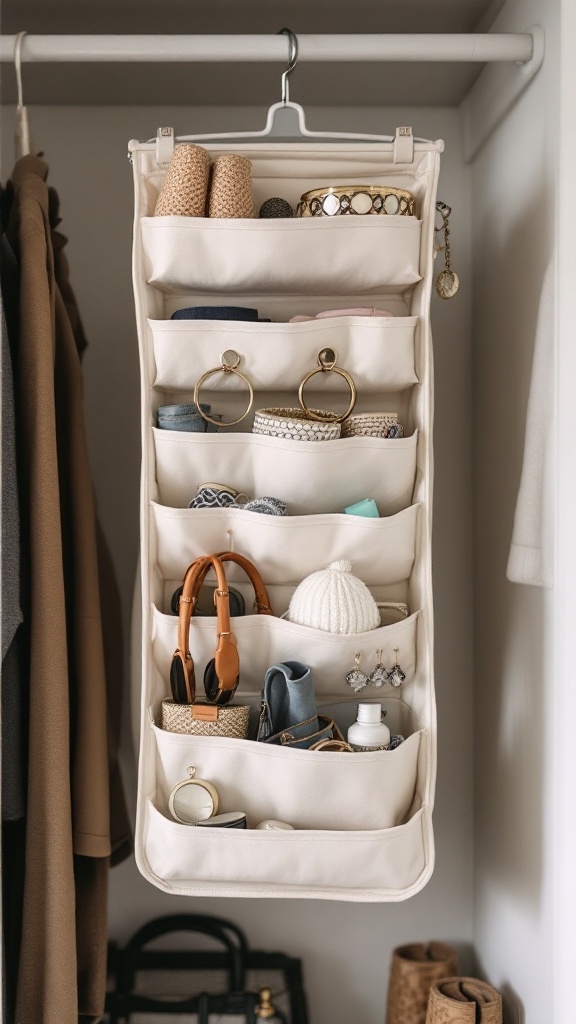 A multi-tiered hanging organizer with various accessories neatly stored in pockets.