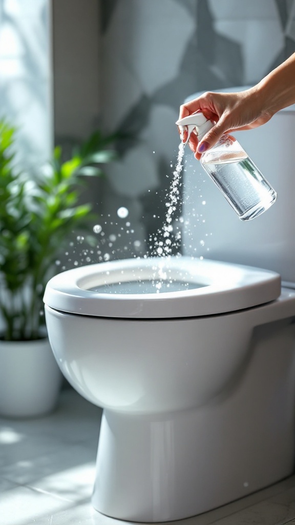 A person spraying hydrogen peroxide into a toilet bowl.