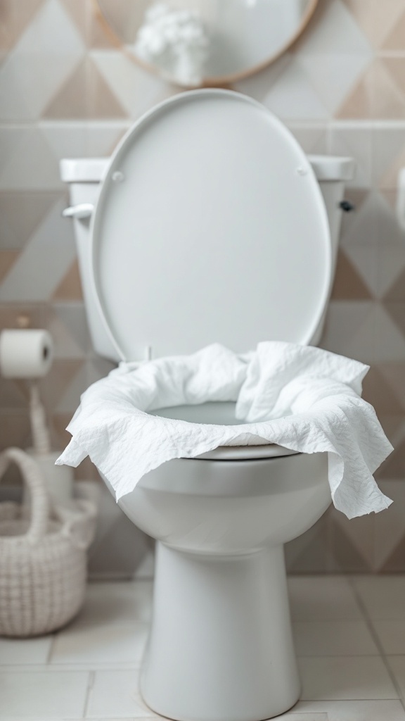 A clean toilet in a bright bathroom with plants and towels.