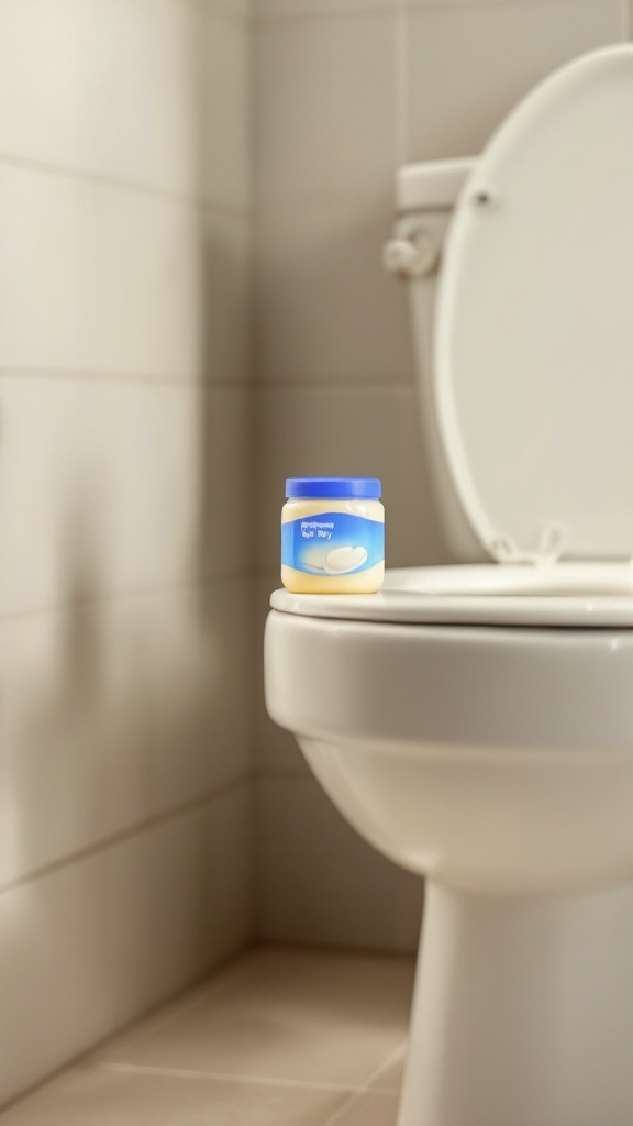 A jar of petroleum jelly on a toilet seat in a clean bathroom.