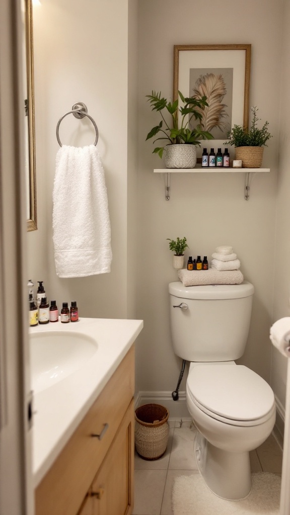 A clean bathroom with a toilet surrounded by plants and essential oil bottles.