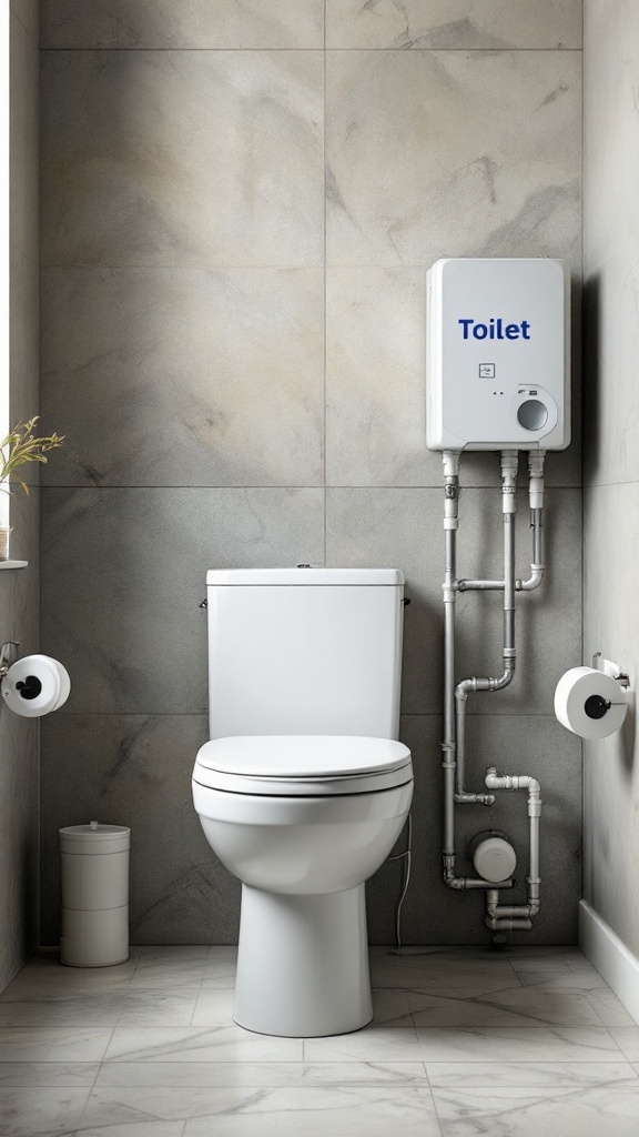 A modern bathroom featuring a toilet and water softener system.