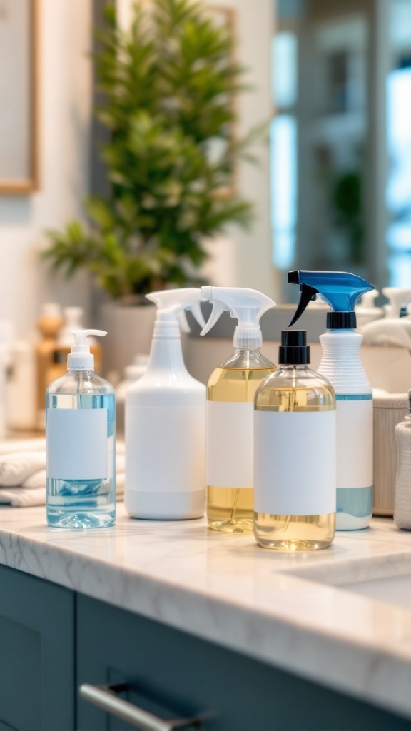 A variety of cleaning products displayed on a bathroom countertop.