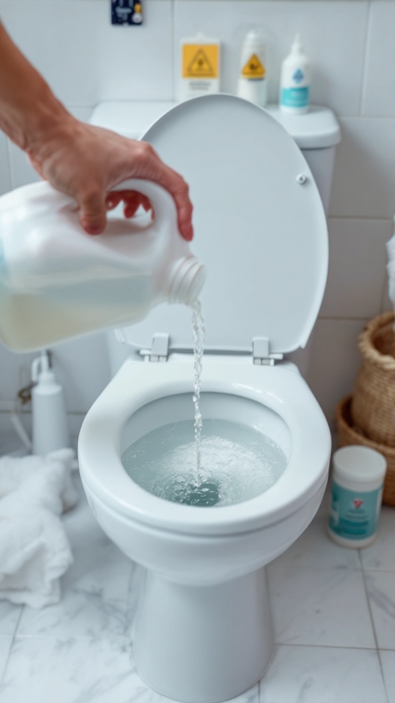 A person pouring bleach into a toilet bowl for cleaning.