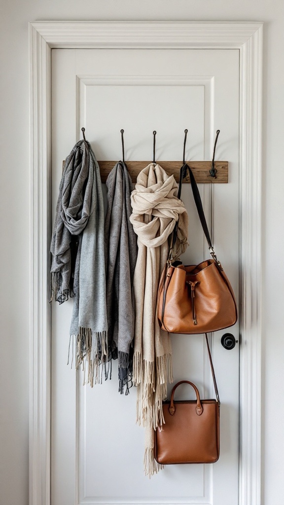 A door with a wooden hook rack holding various scarves and bags.