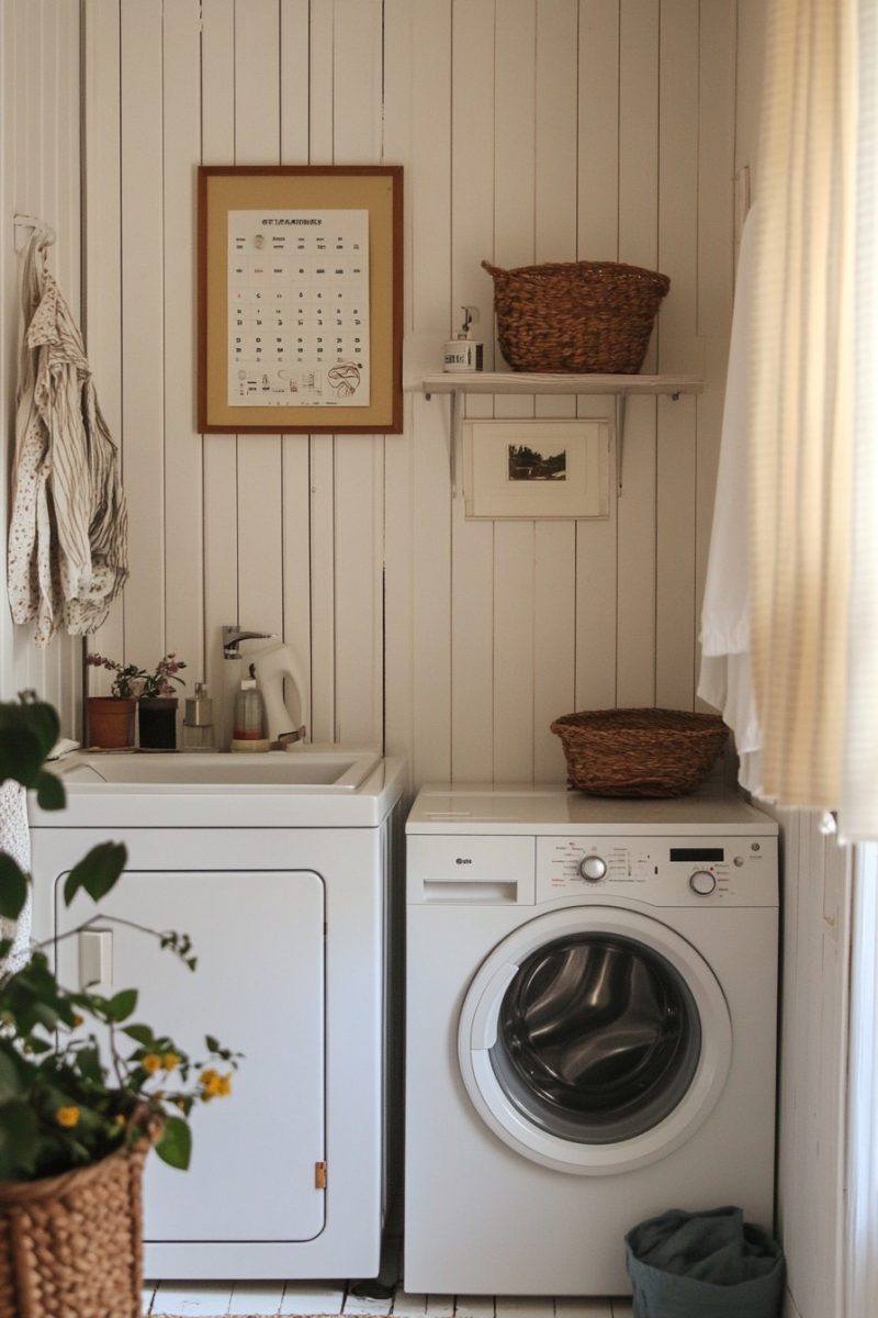 A calendar on the wall to plan laundry tasks.