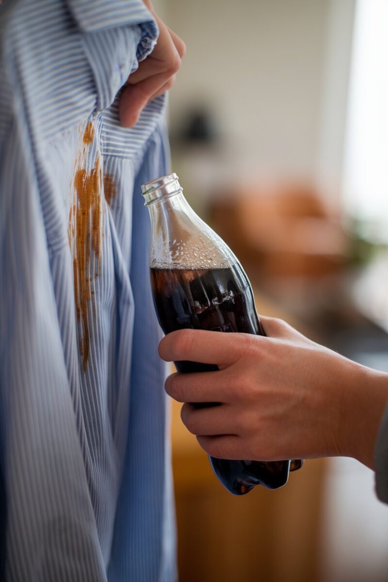 A close-up of a person accidentally spilling cola from a bottle onto their blue-striped shirt, creating a noticeable dark stain on the fabric.