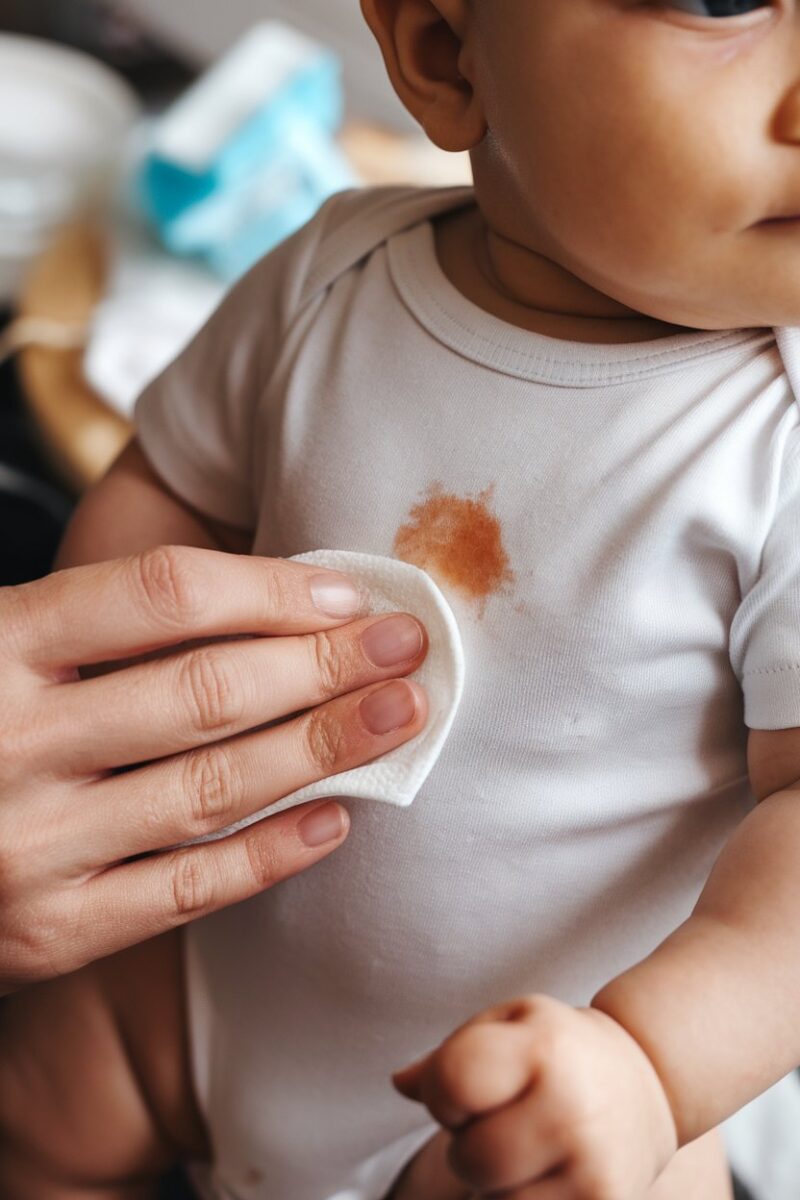 A caregiver gently wipes a small orange food stain on a baby's white onesie with a baby wipe, with the baby looking curiously at the camera.