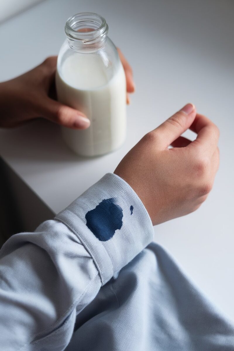 A close-up of a child's hand holding a glass milk bottle, with a dark blue ink stain visible on the sleeve of their light grey shirt.