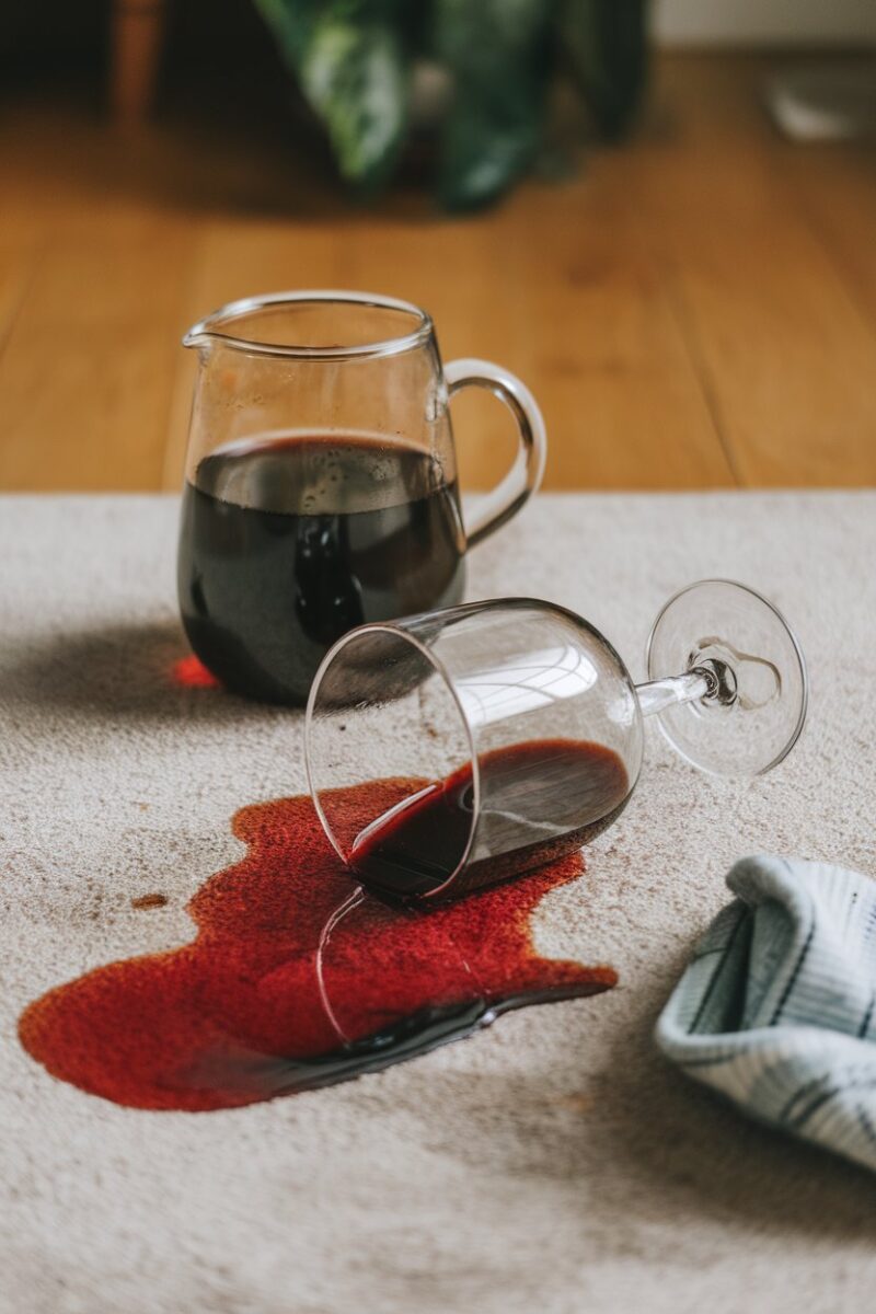 A knocked-over glass wine glass lies on a beige carpet next to a jug of red wine, spilling its contents into a large, vivid red stain on the carpet, with a few green houseplants in the background.