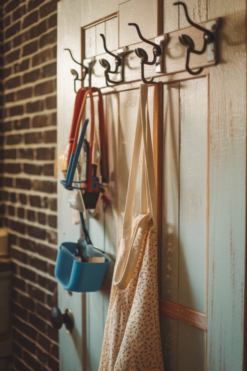 A door with items hanging from hooks.