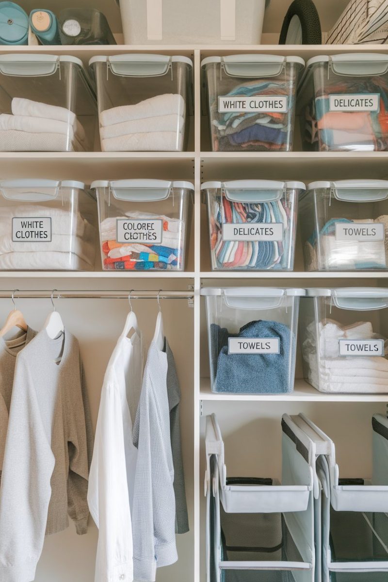 A well organized laundry room with clearly labeled boxes.