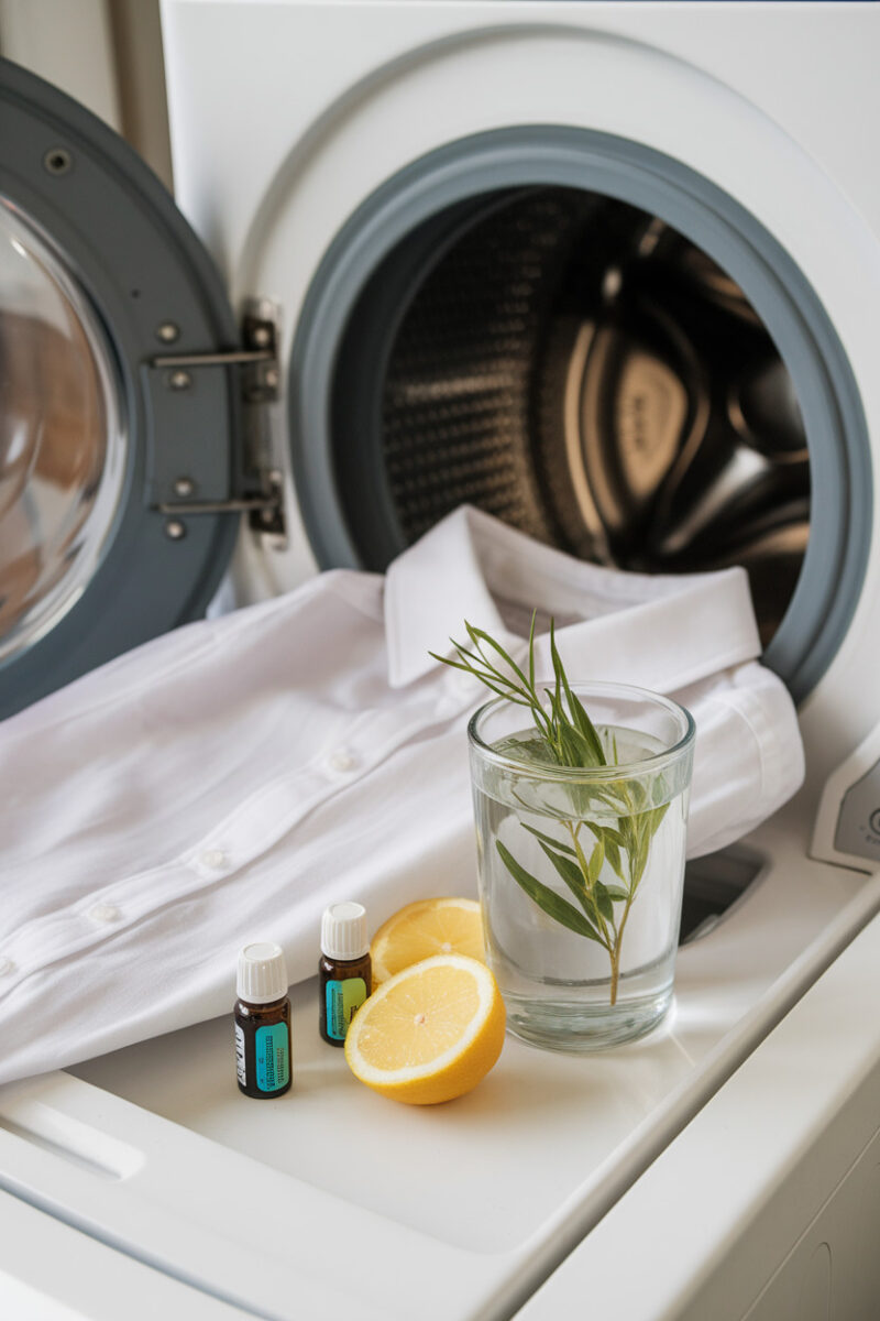 A laundry setup featuring a white shirt with a stain lying on top of a washing machine, accompanied by lemon slices, essential oil bottles, and a glass of water with rosemary, suggesting natural stain removal methods.