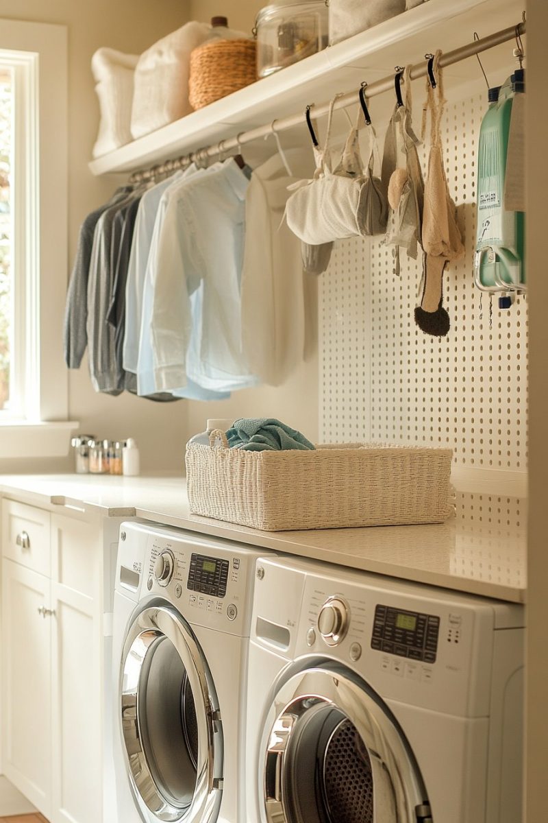 A magnetic bar with items laundry items hanging from it.