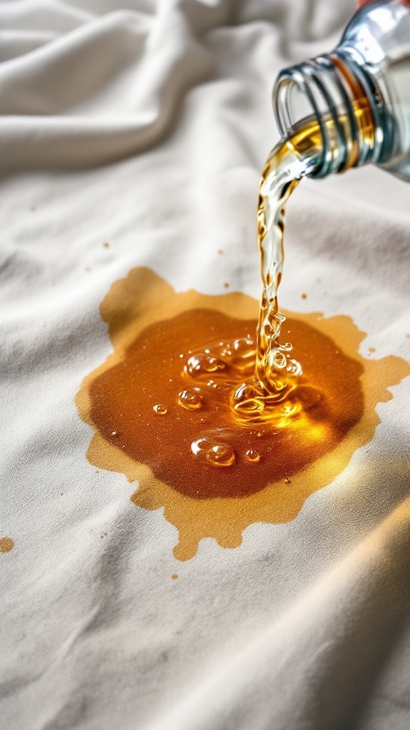 A glass of dark liquid being poured onto a white fabric, creating a stain.