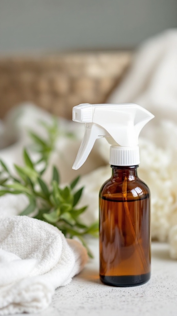 A bottle of tea tree oil next to a spray bottle on a soft pink background.