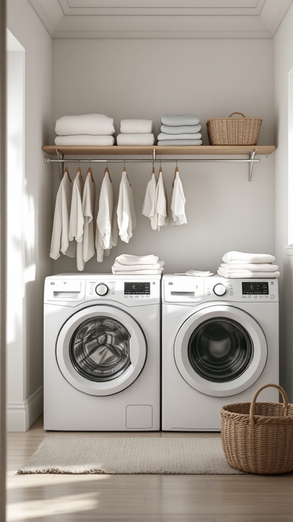 A neatly organized small laundry room with a folding station, clean towels, and hanging laundry.