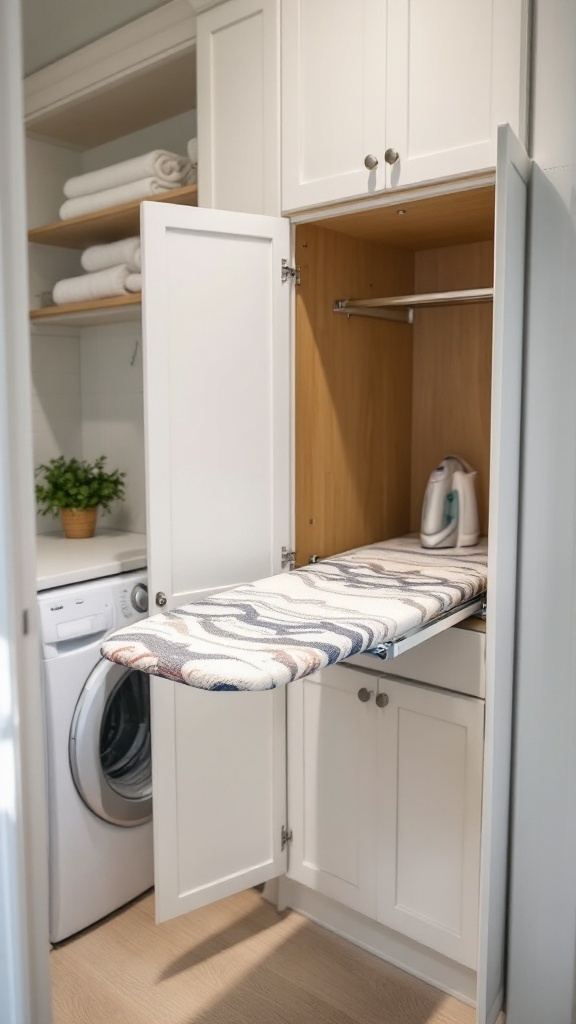 A pull-out ironing board integrated into a cabinet in a small laundry room.