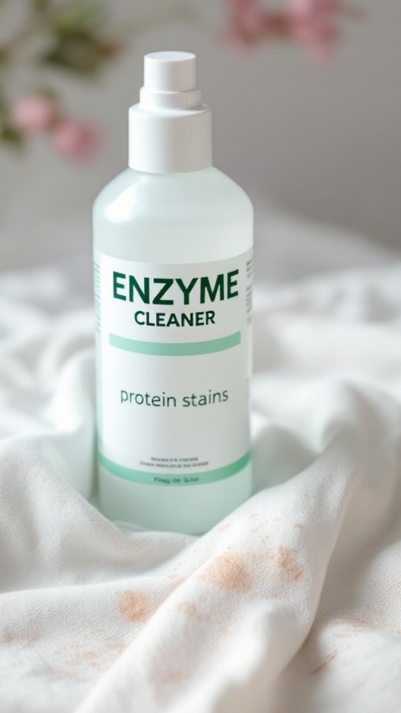 A spray bottle labeled 'Enzyme Cleaner' next to protein stains on fabric.