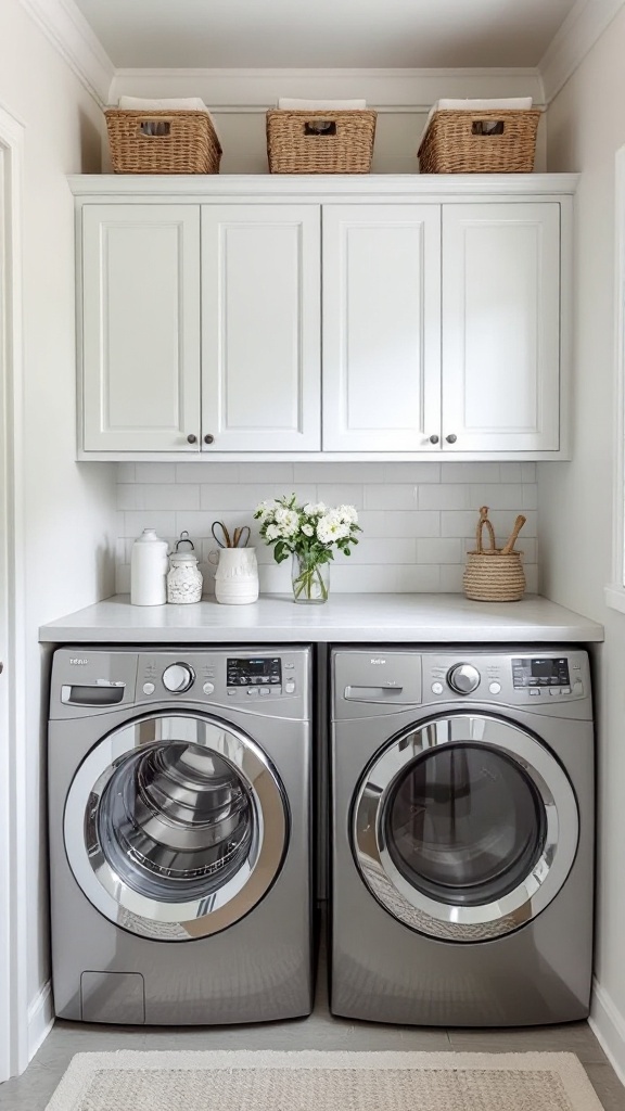 A well-organized laundry room with overhead cabinets and stylish storage baskets.