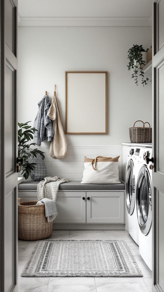 A well-organized small laundry room with a bench, storage, and washing machines.