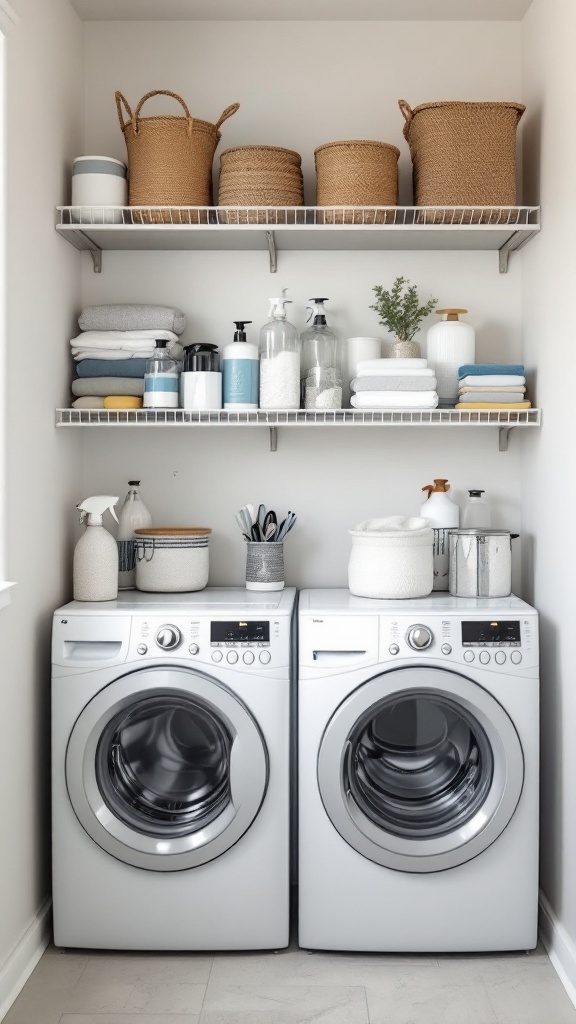 A small laundry room featuring two washing machines with neatly arranged shelves above, showcasing various storage baskets and cleaning supplies.