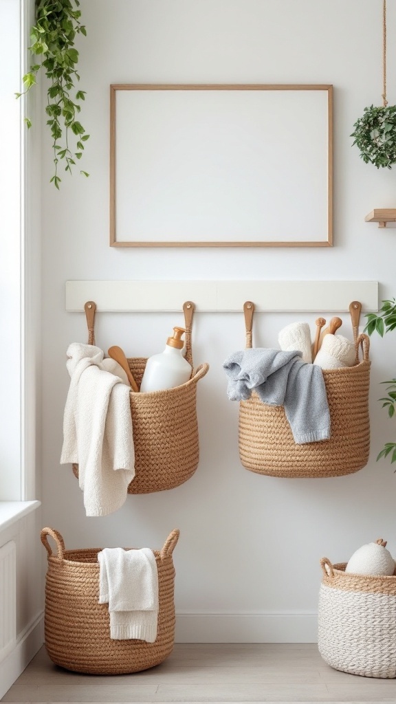 Wall-mounted baskets holding laundry supplies in a small laundry room