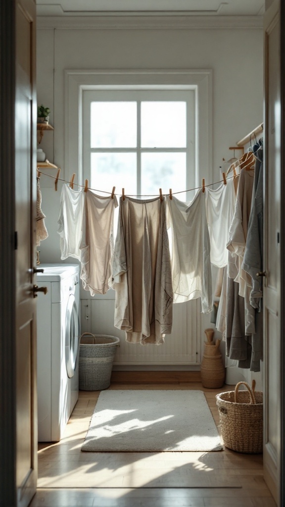 A small laundry room with a clothes line holding various garments, showcasing a natural drying method.