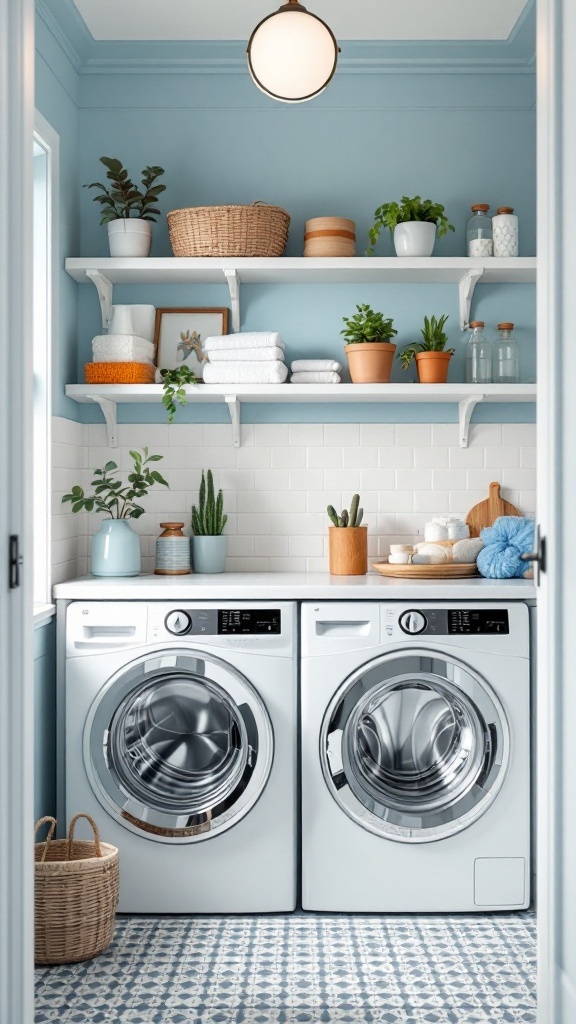 A stylish small laundry room featuring open shelving, plants, and neatly arranged towels.