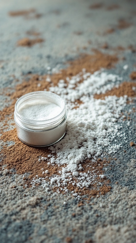 Boric acid powder spilled on a light carpet with a jar beside it.