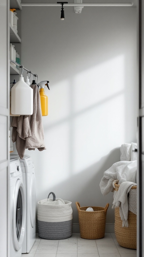 A small laundry room with a tension rod holding accessories like towels and bottles.