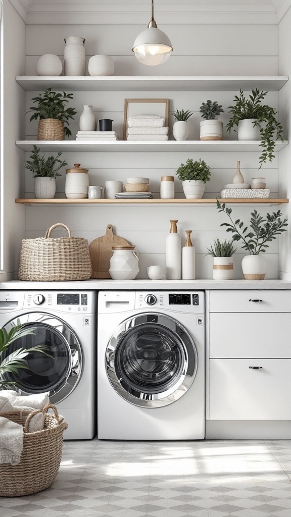 A beautifully organized small laundry room featuring plants, decorative shelves, and stylish storage baskets.