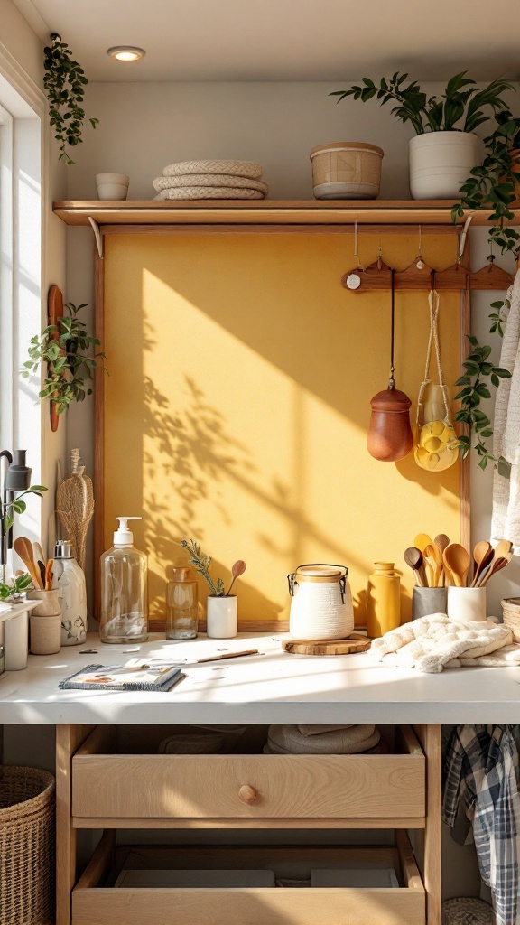 A small, organized laundry room with a work surface, plants, and storage.